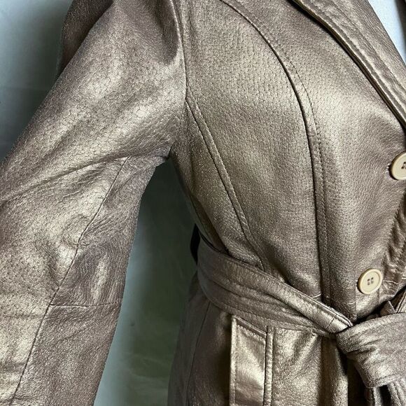 Vintage Y2K Gold Leather Short Trench Coat Belted Jacket Button Down Small - Picture 4 of 9